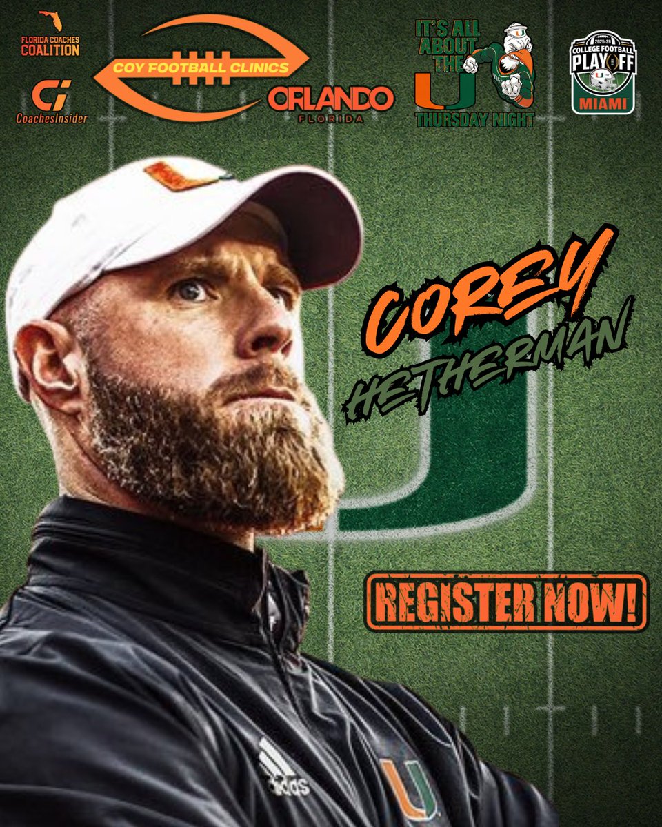PayFLCoaches's tweet image. 🚨 The U Hits Different On Defense  🚨

Proud to have Corey Hetherman bringing elite defensive insight to the 2026 Orlando COY Clinic.

Since arriving at the University of Miami, Coach Hetherman has elevated the Hurricanes defense with discipline, speed, and physicality.…