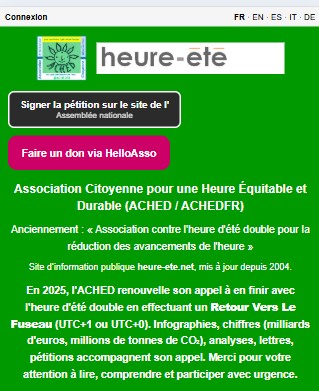 👋Notre site historique fait peau neuve pour affronter 2026. Merci de le visiter et si vous pouvez faire un don défiscalisé pour nous donner les moyens de continuer.
Vous voulez en finir avec l'heure d'été, avec le changement d'heure? Retrouvons-nous 
👉 heure-ete.net/index.php?lang…