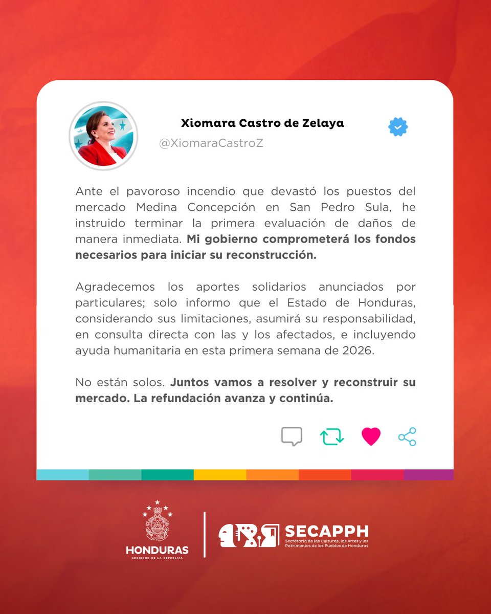 SECAPPH's tweet photo. #SECAPPHINFORMA ¡El compromiso con nuestro pueblo es inquebrantable! 🇭🇳
Ante el siniestro ocurrido en el mercado Medina Concepción de San Pedro Sula, la Presidenta Xiomara Castro (@XiomaraCastroZ) ha tomado acción inmediata:
✅ Evaluación de daños: Se realiza un diagnóstico urgente para iniciar la reconstrucción.
✅ Fondos asegurados: El Gobierno de la República asumirá la inversión para levantar los puestos de nuestros comerciantes.
✅ Ayuda Humanitaria: En la primera semana de 2026, las familias afectadas recibirán apoyo directo.
La Presidenta fue clara: aunque agradecemos la solidaridad ciudadana, es el Estado quien asume su responsabilidad trabajando de la mano con las y los trabajadores del mercado.
💬 “No están solos. Juntos vamos a resolver y reconstruir su mercado”.
#SECAPPH #XiomaraCastro