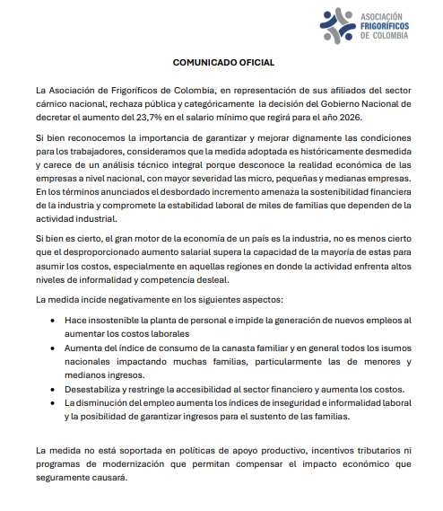 Asofrigorificos's tweet image. Frente al reciente anuncio del incremento del salario mínimo en Colombia para el 2026, desde la Asociación Frigoríficos de Colombia  compartimos nuestra posición oficial📢
@petrogustavo @ICACOLOMBIA @invimacolombia @gobiernocolombi