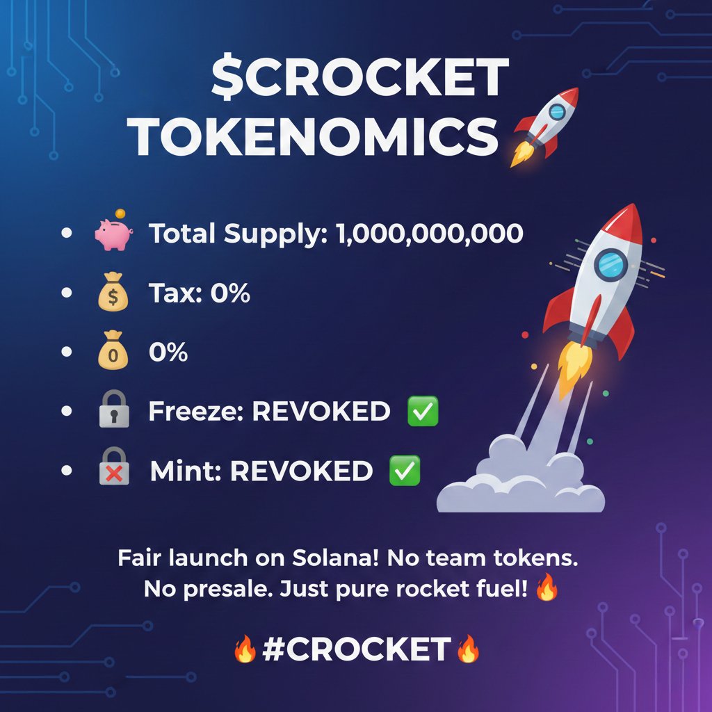 CRocketSOL's tweet photo. 📊 $CROCKET TOKENOMICS

🚀 Total Supply: 1,000,000,000
💰 Tax: 0%
🔒 Freeze: REVOKED ✅
🔒 Mint: REVOKED ✅

Fair launch on Solana! 

No team tokens. No presale. Just pure rocket fuel! 🔥

#CROCKET (https://t.co/DpIh109P3o) https://t.co/EtD4efMyz1