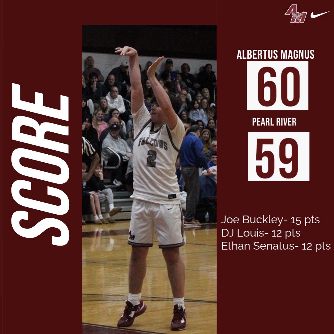 Falcons defeated <a href="/PRAthletic/">PearlRiverAthletics</a> 60-59 and were led by Joe Buckley's  15 points as they move onto the Championship Game today at 6:15 against Clarkstown South. #letsgofalcons <a href="/AMHSOfficial/">Albertus Magnus HS - Official</a>