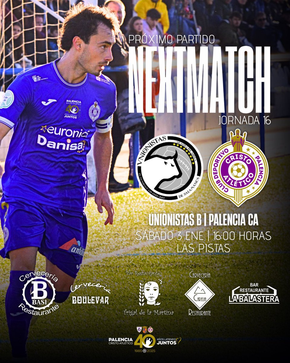 ⚽️PRÓXIMO PARTIDO

🗓️ Sábado 3 Enero
🆚 <a href="/USCFbase/">Cantera Unionistas CF</a> 
🕒 16:00 h
📍 Las Pistas

Un gran lugar y un gran rival con el que siempre nos ha unido una gran relación 😜para el primer partido del año

#lahistoriacontinua 💜 #40añoslatiendo