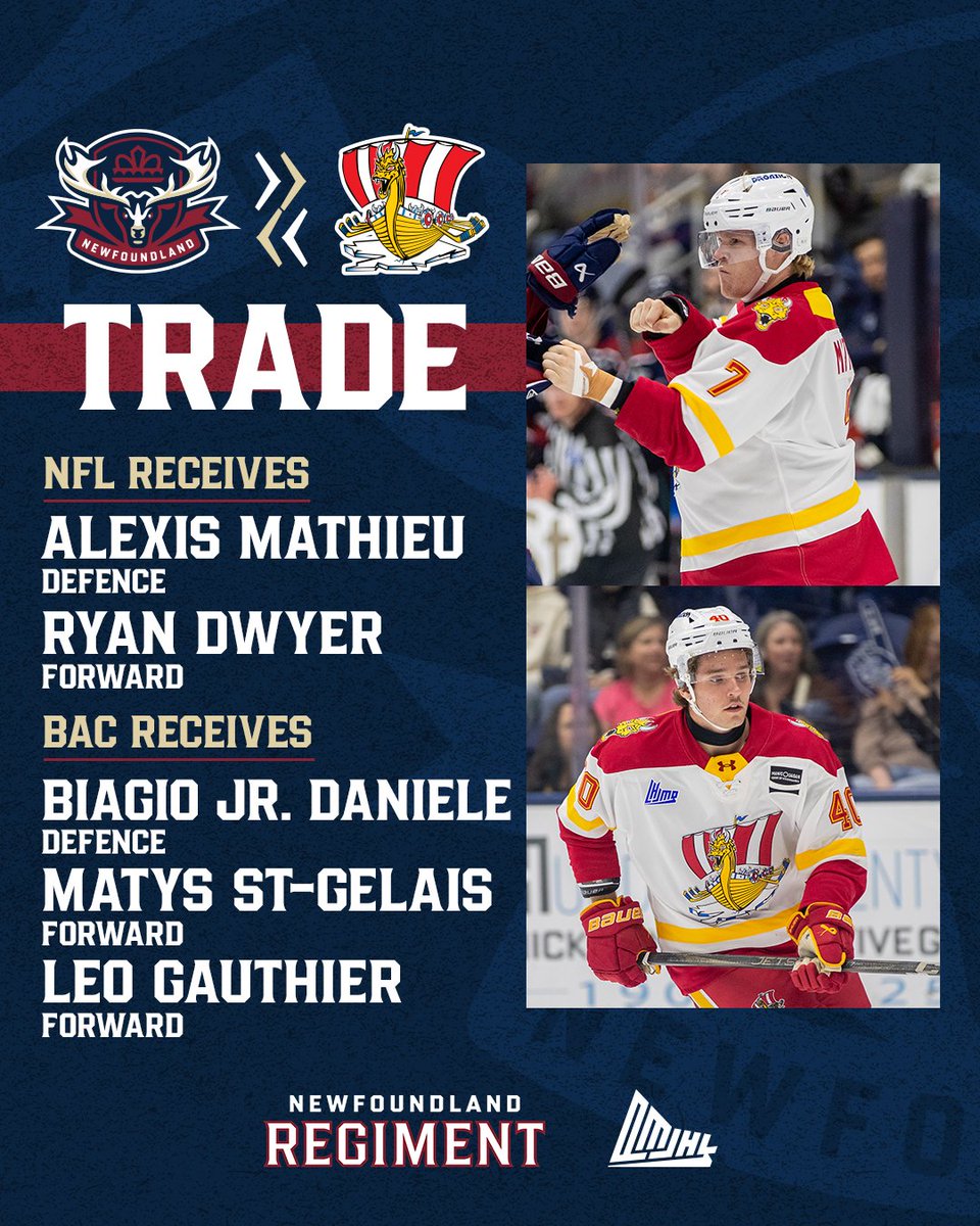 🚨 TRADE 🚨

We have acquired forward Ryan Dwyer and defenceman Alexis Mathieu from the Baie-Comeau Drakkar in exchange for forwards Léo Gauthier, Matys St-Gelais and defenceman Biagio Jr. Daniele.

Welcome to the Regiment, Ryan and Alexis!

🗒️: chl.ca/lhjmq-regiment…

🎟️: