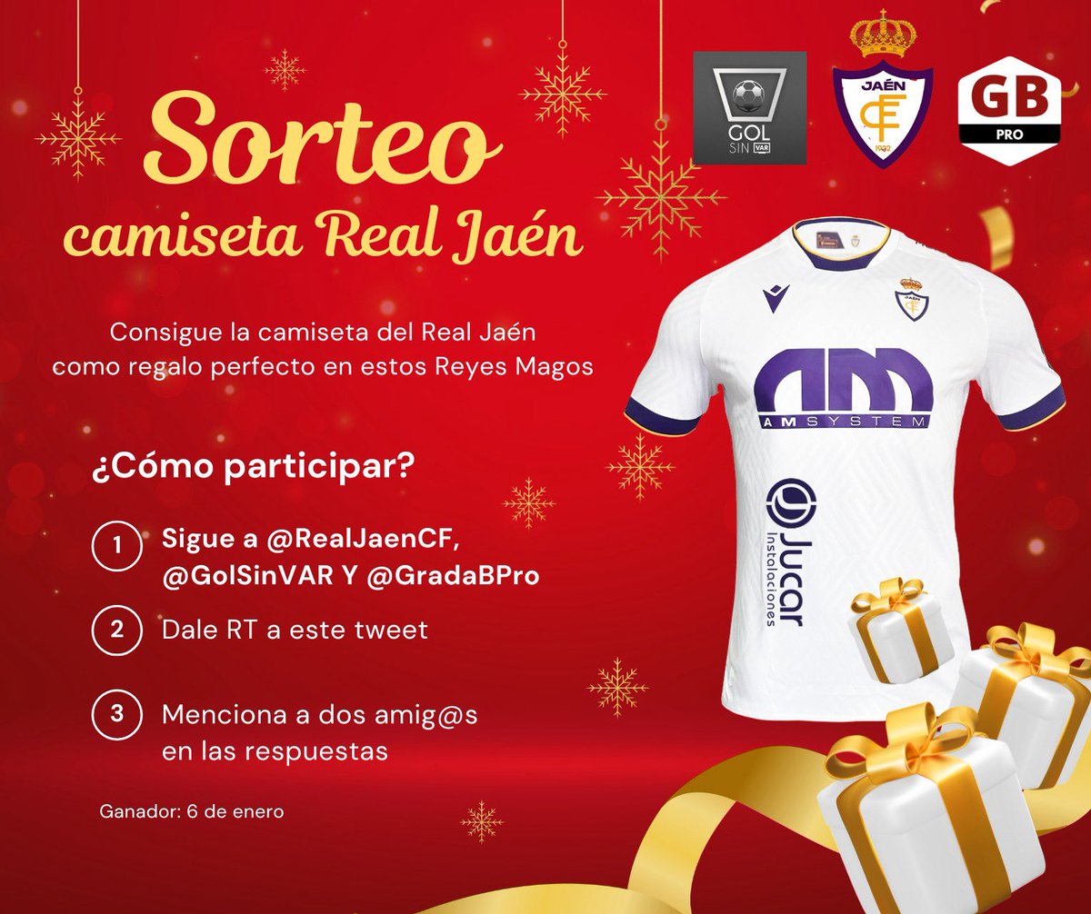 SORTEO GOLSINVAR - REAL JAÉN - GRADABPRO 

🎄 Celebra estas navidades con nosotros y gana la camiseta oficial del <a href="/RealJaenCF/">Real Jaén C.F.</a> 

▶️ Estos son los requisitos

👤 Sigue a <a href="/RealJaenCF/">Real Jaén C.F.</a> , @gradabpro y <a href="/GolSinVAR/">⚽GOL SIN VAR ❌🖥️</a> 
🔄 Dale RT Al tweet
✍🏼 Menciona a dos amigos

🍀 El ganador lo