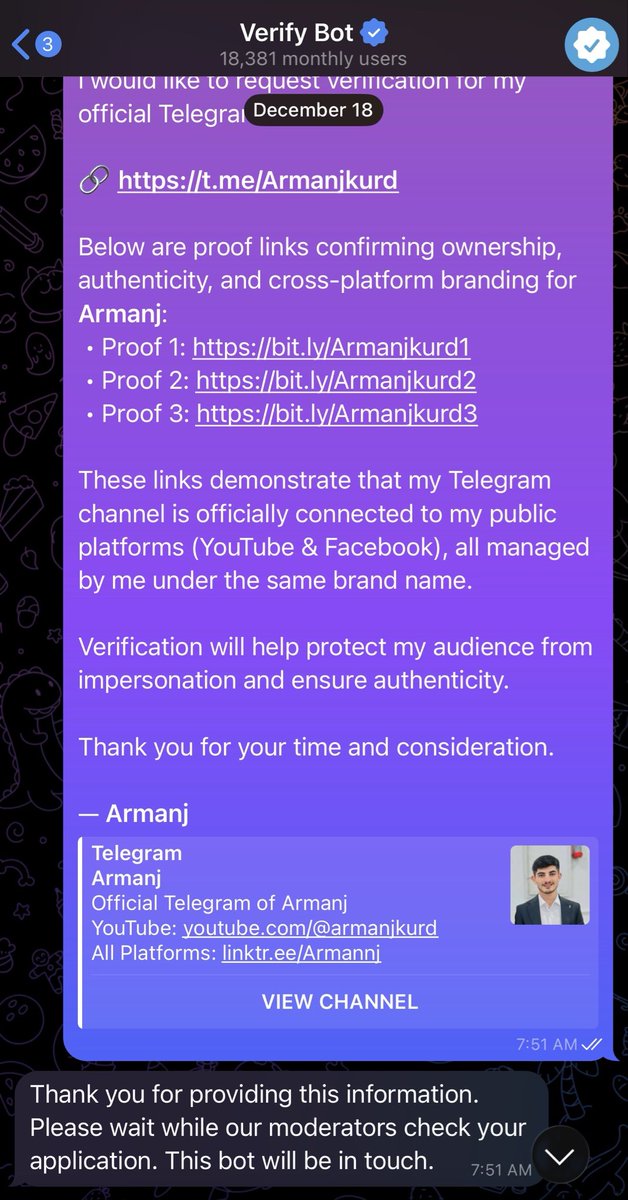 armanjkurrd's tweet photo. @telegram Hello Telegram Verification Team,

I previously submitted a verification request for my official Telegram channel:
https://t.co/9vTACJYJ07

I am the creator and owner of this channel. Please let me know if any additional proof is required.

Thank you.
— Armanj https://t.co/btAV6qprgh