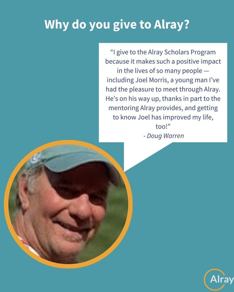 Our next Why I Give spotlight features Doug Warren. Doug shares how Alray’s impact is deeply personal — not only through the mentoring scholars receive, but through the meaningful connections formed along the way. Thank you, Doug, for being part of the Alray community.💙