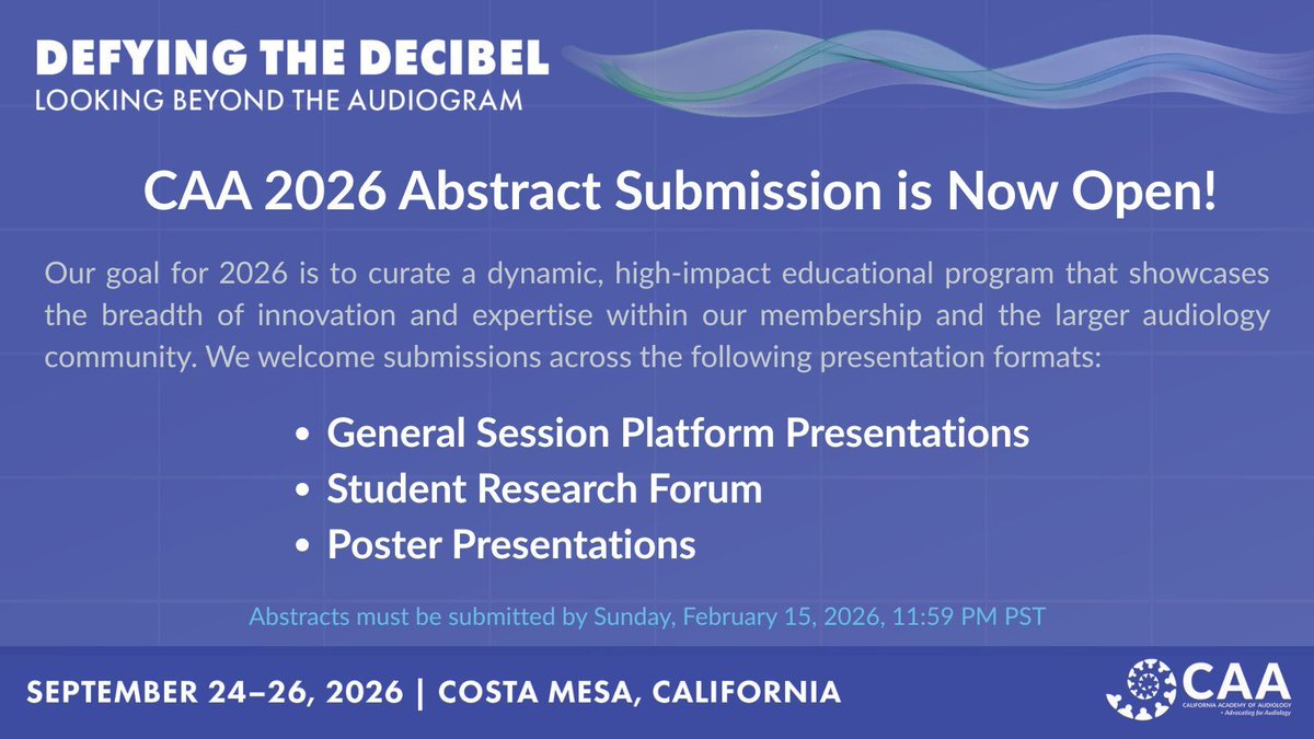 The CAA Conference Committee invites clinicians, researchers, students, and professionals in audiology to submit abstracts for the 27th Annual CAA Conference. For more information or to start your submission, visit: buff.ly/KJS8wXi