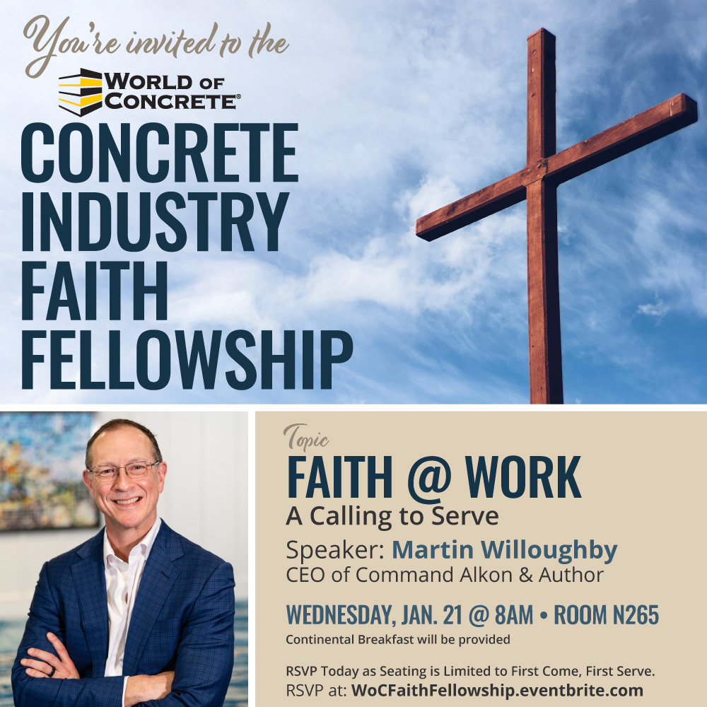 Join us for the annual Concrete Industry Faith Fellowship at
<a href="/WorldofConcrete/">World of Concrete</a> tomorrow. It is an honor to have Martin Willoughby, CEO of <a href="/CMDALKON/">Command Alkon Inc</a>, as our keynote speaker.  Details &amp; RSVP here  - WoCFaithFellowship.eventbrite.com #concrete #batchplants #WoC2026 #worldofconcrete