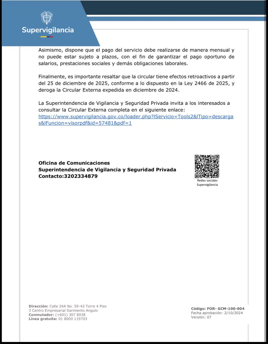Desde la <a href="/SuperVigilancia/">Supervigilancia</a> fijamos las tarifas mínimas del servicio de vigilancia y
seguridad privada para finales de 2025 y vigencia 2026, protegiendo los derechos laborales, asegurando la sostenibilidad y la legalidad del sector. 
Consulta 👇🏼
supervigilancia.gov.co/loader.php?lSe…