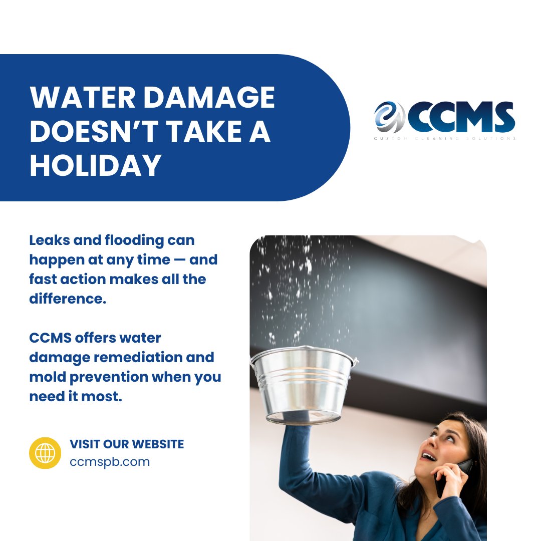 ccmspb's tweet photo. 💧 Water damage doesn’t take a holiday. Leaks and flooding can happen at any time — and fast action makes all the difference. CCMS offers water damage remediation and mold prevention when you need it most. 📞 Call (561) 746-2700. Learn more: https://t.co/iMyNNUsevE https://t.co/0dd4PFVykk