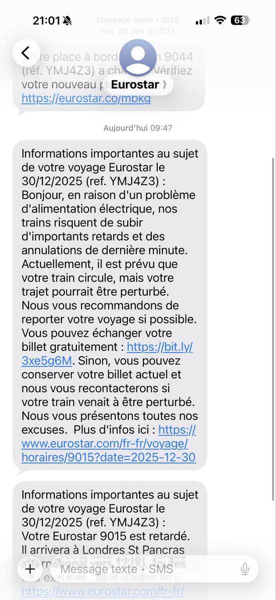 CharlesMirman's tweet photo. @eurostarfr @Eurostar je ne comprends toujours pas comment on peut recevoir ce sms invitant à reporter son voyage à 9 h 47 alors que le train est parti à 9 h 12 …aucun sens et aucune excuse ! Félicitations au chef de bord qui a balbutié des explications et qui semblait bien seul https://t.co/ZhDwqorDcI