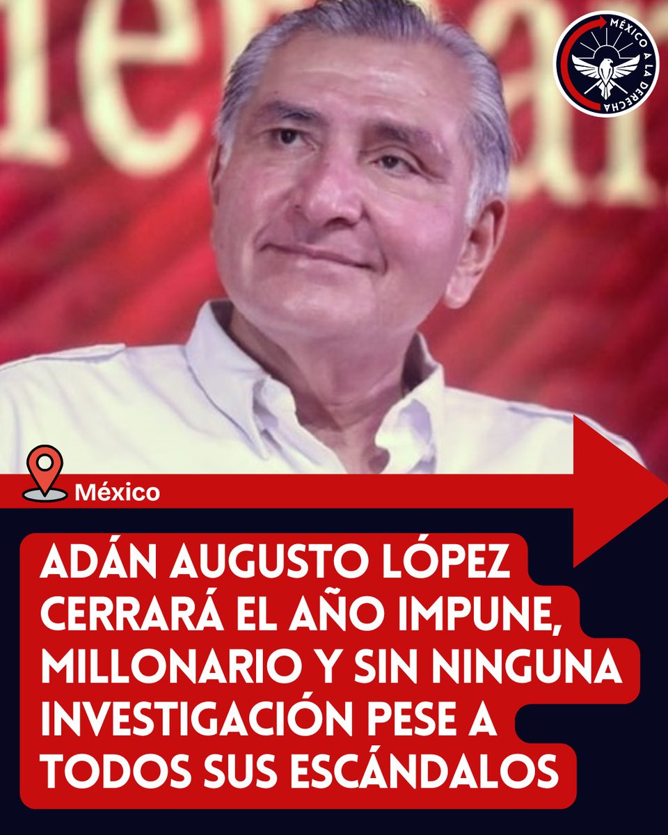 MexicoalDerecha's tweet photo. 🇲🇽/ EL PROTEGIDO DE PALENQUE

El impresentable Adán Augusto López terminará este 2025 tranquilito, en su mansión millonaria, con un montón de dinero y lleno de escándalos, pero eso sí, completamente impune. Con la nueva fiscal'a' que le pusieron, el Conde Enamorado, está a salvo.

El morenista acumula más de 37 denuncias por fraude, huachicol, corrupción y póngale lo que usted quiera, él seguramente lo hizo.

Sin mencionar que está vinculado al grupo terrorista de "La Barredora", ya que su exjefe de Seguridad, Bermúdez Requena, es el líder de dicho grupo.

Adán Augusto López es la prueba viviente (o no) de que la corrupción y la impunidad están más vivas que nunca con Morena, el narcopartido por definición.
