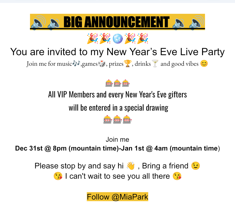 mia_park5280's tweet photo. Come say hi and play some games with me on the clap hehe can't wait to see you there 🎉🪩😘 #live #Livestream #party #NewYear2026 #NewYearsEve https://t.co/1TwBsoQzSa