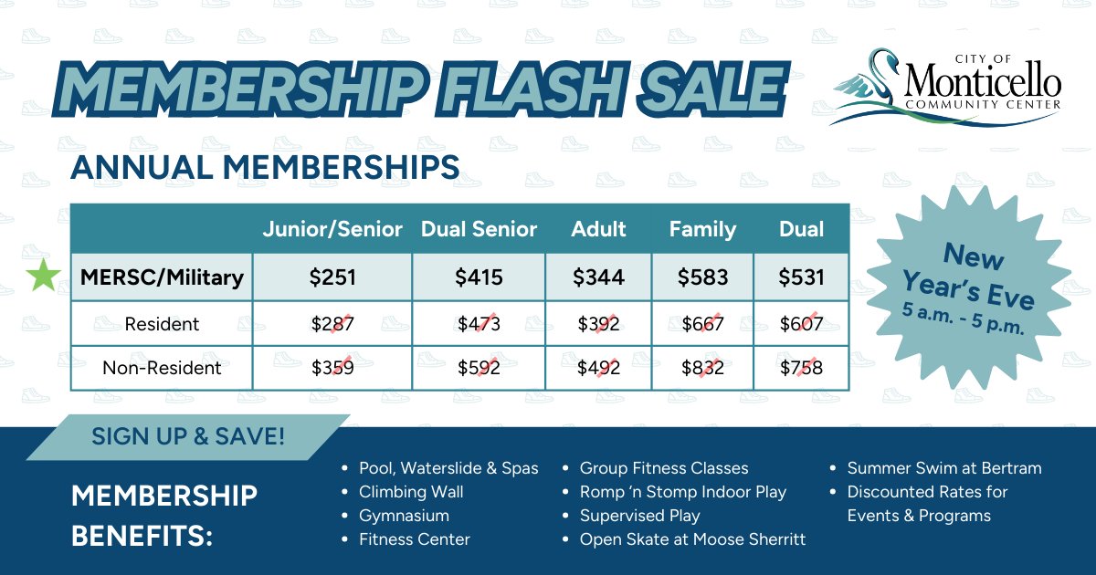 Looking for a place the whole family can enjoy year-round?

Don’t miss your chance to lock in the lowest membership rate of 2025 at the Monticello Community Center. The membership flash sale happens tomorrow, New Year’s Eve, from 5 a.m. to 5 p.m.

MonticelloMN.gov/CivicAlerts.as…