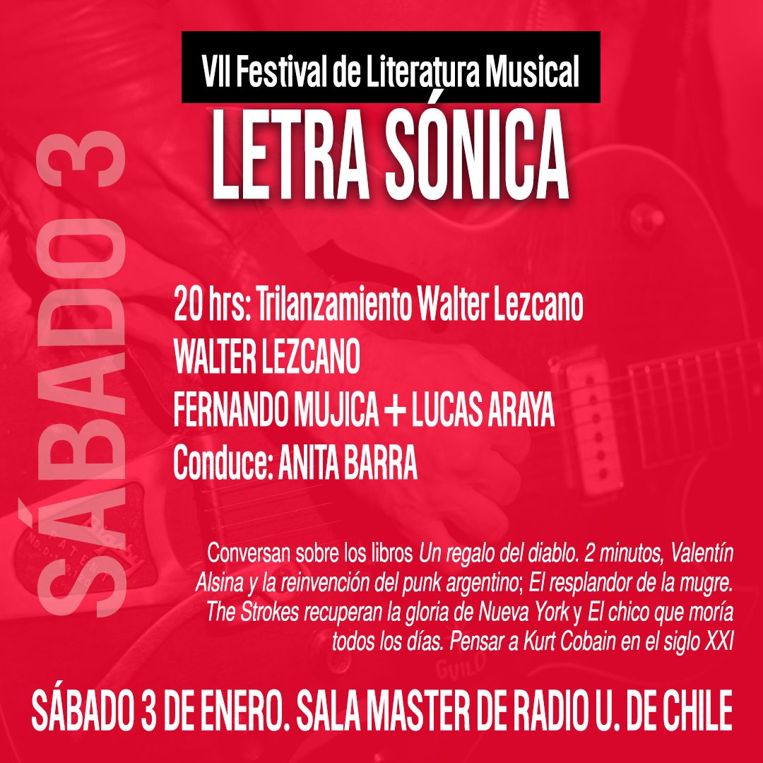 Recuerda que este sábado vamos con todo en <a href="/letrasonica/">letrasonica</a> VII Encuentro y Festival de Literatura Musical, en #salamaster de <a href="/uchileradio/">Radio Universidad de Chile</a> en Miguel Claro 509, Providencia. Metro Manuel Montt. Entrada liberada. Nos vemos! 🥳📚🚀🎸🎤

#libros #música #autores #autoras #letrasonica