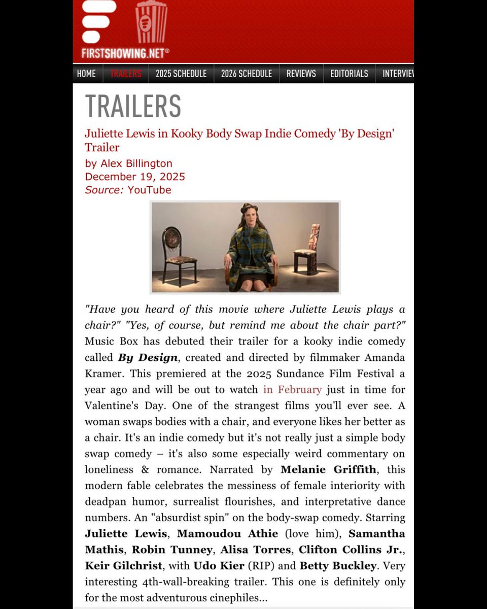 "It's not really just a simple body swap comedy -- it's also some especially weird commentary on loneliness and romance." - FirstShowing.net

Make sure to check out the trailer for our new film, BY DESIGN - IN SELECT THEATERS FEBRUARY 13! 

@juliettelewis @robintunney