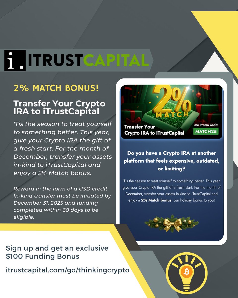 2% Match Bonus for Crypto IRA! Do you have a Crypto IRA at another platform  that feels expensive, outdated, or limiting? For the month of December,  transfer your assets in-kind to iTrustCapital