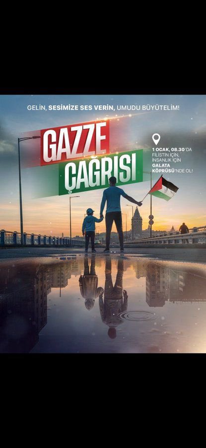 Zulmün karşısında geri adım atmıyor, mazlumun yanında dimdik duruyoruz.

İnsanlık için, Gazze için sesimizi yükseltmeye devam ediyoruz.

Çünkü susmak razı olmaktır.
Biz razı değiliz!

Galata Köprüsü – 1 Ocak

#GazzeÇağrısı 🇹🇷🇵🇸