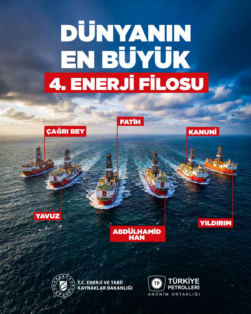 trpetrolleri's tweet photo. Enerji filomuza katılan iki adet 7. nesil yüksek teknoloji ürünü derin deniz sondaj gemimiz Yıldırım ve Çağrı Bey, denizlerdeki gücümüzü bir üst seviyeye taşıyor. 🌊🚢

Bu yeni kazanımla Türkiye’nin enerji filosu; teknik donanım, operasyonel yetkinlik ve mühendislik kapasitesiyle dünyanın en gelişmiş ilk dört enerji filosu arasında yer alacak.

Enerjide Tam Bağımsız Türkiye hedefi doğrultusunda atılan bu stratejik adımın, ülkemize ve milletimize hayırlı olmasını diliyoruz. 🇹🇷