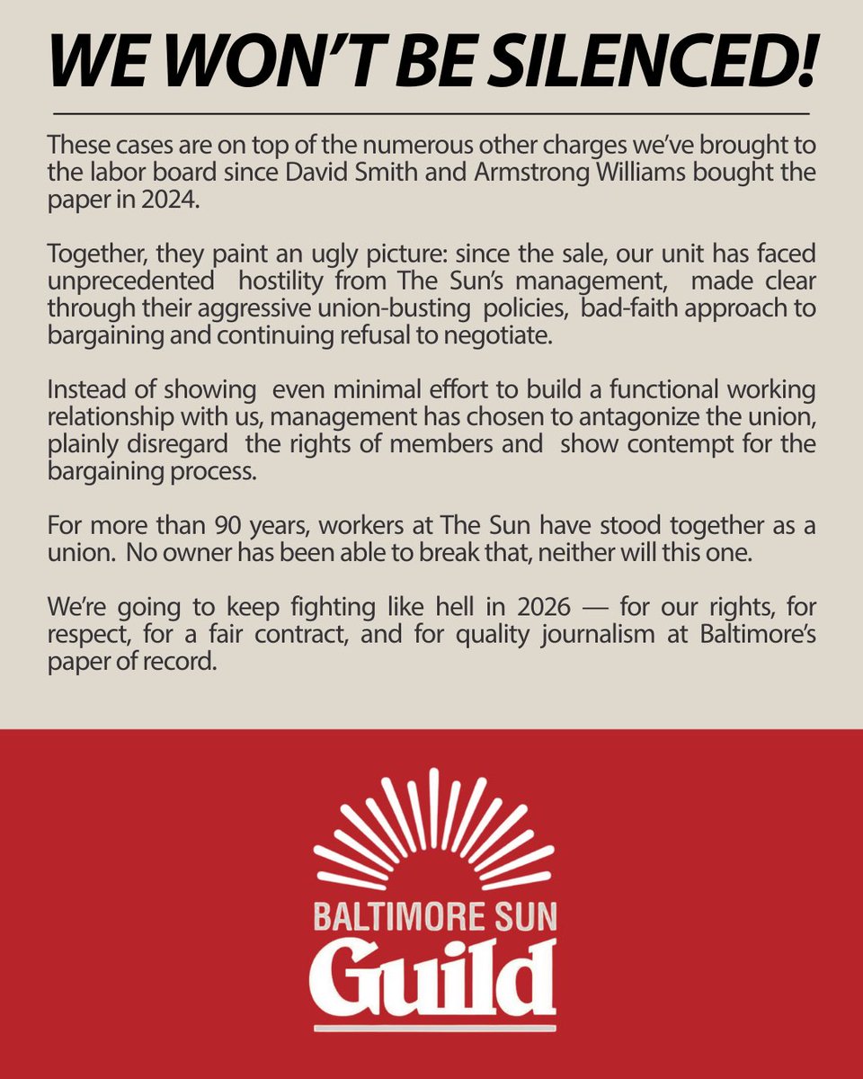 baltsunguild's tweet photo. We’ve filed two more unfair labor practice cases against @baltimoresun, which has been refusing bargaining meetings with us for over 4 months — instead choosing to threaten our members with new union-busting policies. https://t.co/M9ZD4Tjq4Y