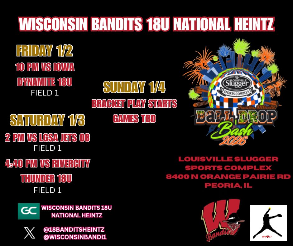 tim_stoltz's tweet photo. Starting 2026 out on the road with this group of ballers! ❄️🥎 @18BanditsHeintz @WisconsinBandi1 @sluggerpeoria #playforkate ❤️17🖤 https://t.co/mpRmSBeoC8