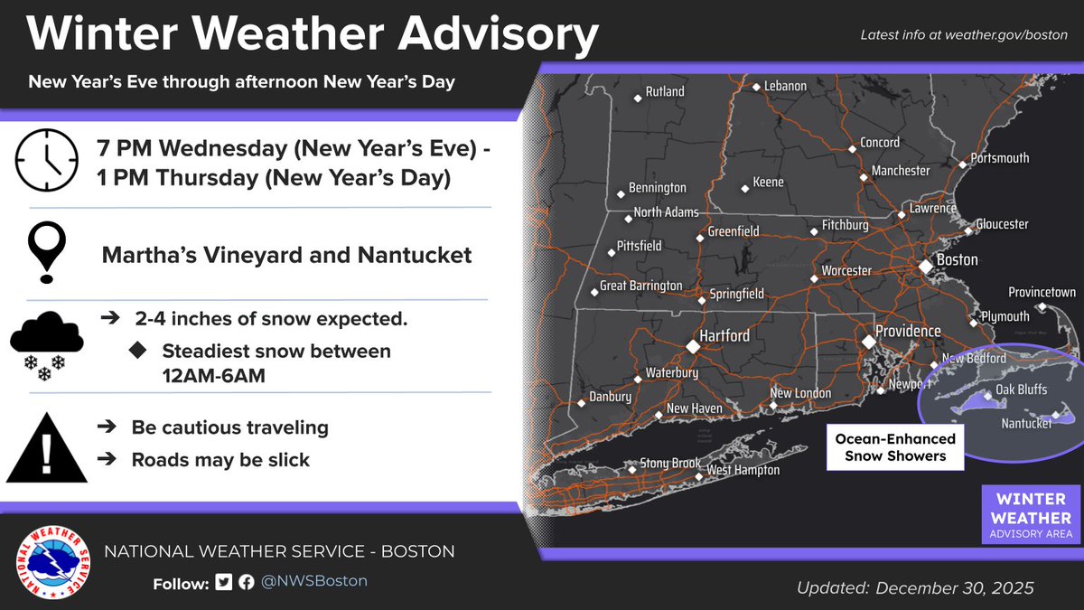 ❄️Ringing in the New Year with some snow!🎉

❄️Coating to few inches expected for most Weds Night-Thurs AM. Locally higher amounts for Nantucket/Martha's Vineyard(Winter Weather Advisory). 

⚠️Slick roads/sidewalks possible, use caution if traveling. 
#MAwx #RIwx #CTwx