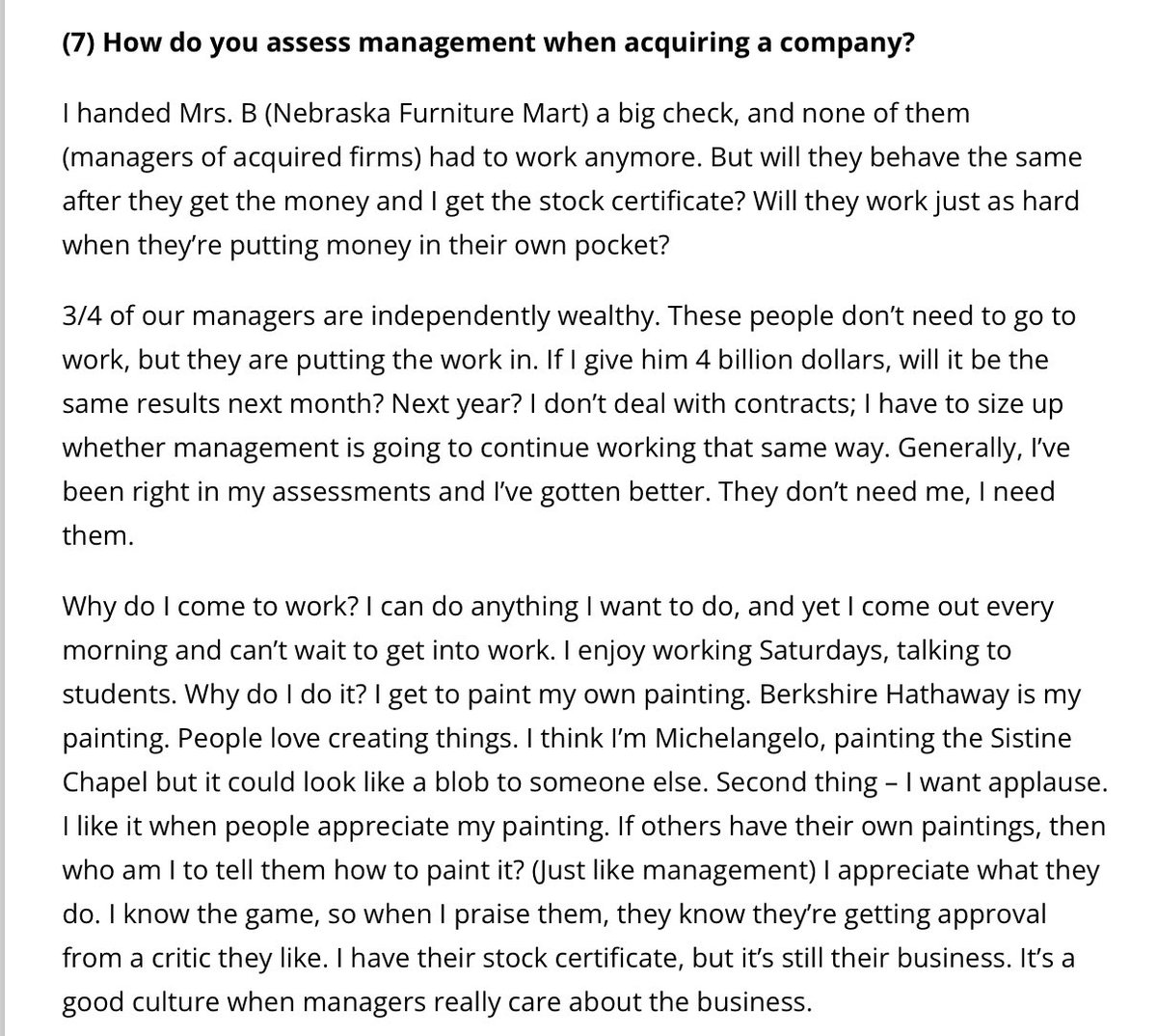 F_Compounders's tweet image. Warren Buffett on how he assesses management when acquiring a company