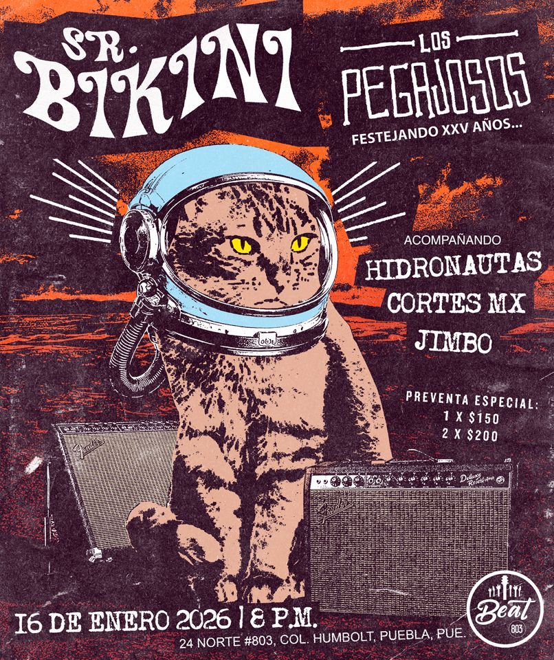 Llegó la primer gran ola del 2026, regresan como cada año al Beat 803 el Sr. Bikini para apadrinar los 25 años de Los Pegajosos, teniendo como invitados de honor a Hidronautas, Cortés Mx y Jimbo, para el 16 de Enero, a las 8 pm.

Boletos en Boletia : …-ola-del-2026-en-beat-803.boletia.com