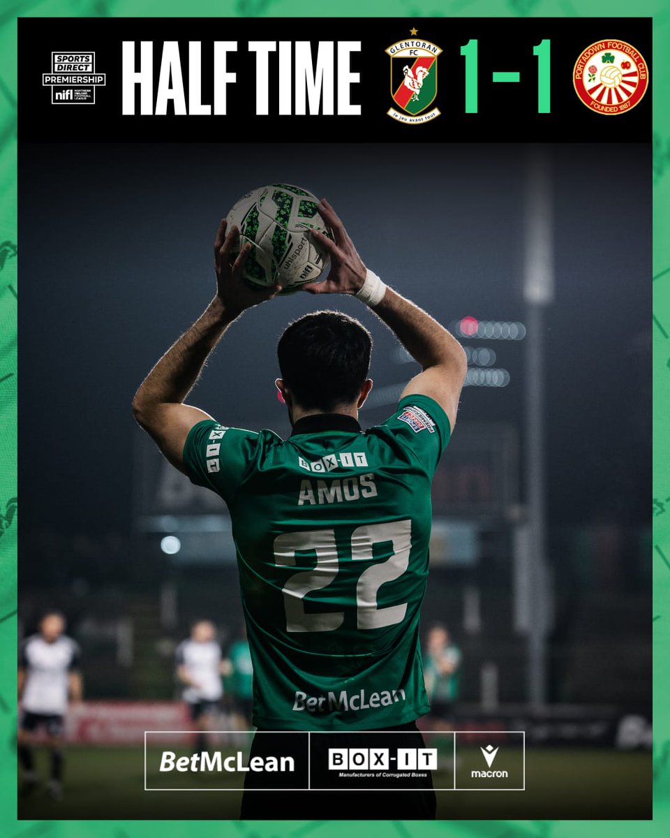 Glentoran's tweet photo. HALF TIME 🕑 
Glentoran 1-1 Portadown

MJ gets the Glens back in it before the break.

#GLEPOR #COYGlens 🐓💚 https://t.co/OT3cr8gmnR