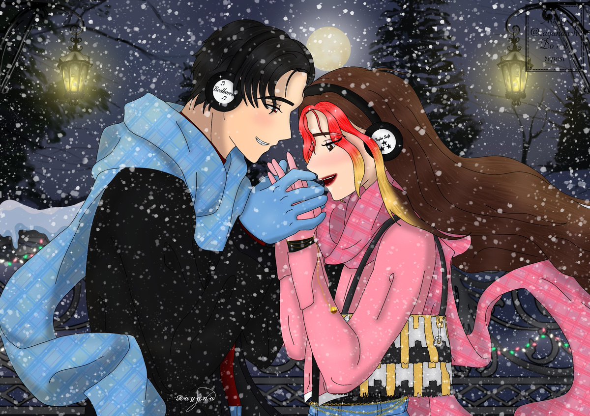 rayanaach's tweet photo. "Sleepless in the onyx night"🌌

Lucifyana winter once again❄️
Definitely made a lot of progress compared to other years but I still love how it turned out. Happy holidays from your fav couple🩷

#obeymemc #ArtistOnTwitter #obeymefanart #digitalart #holidaycollab2025 #ObeymeIDO https://t.co/AIka7VSjoz