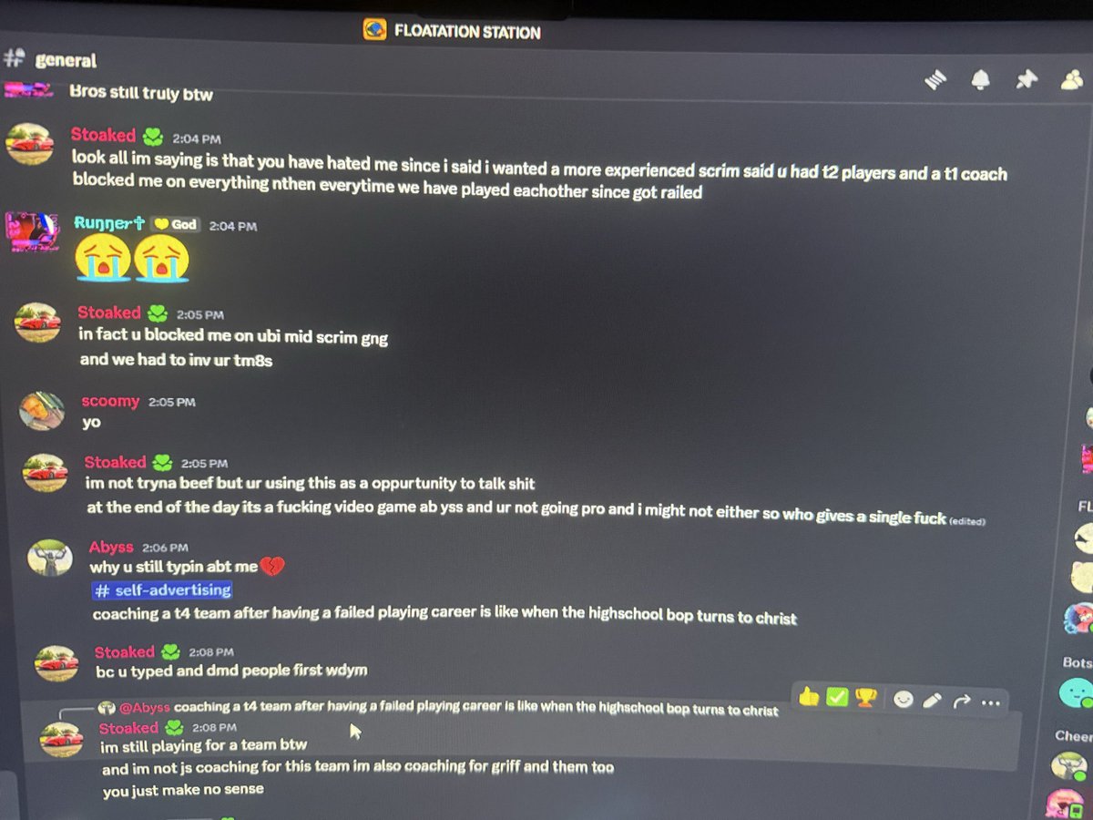 I coach new people in the comm so they can try to learn in a good way im tired of people js continuing to talk abt shi abyss has hated me and blocked me on both dcs two ubi accs etc all to hide our DMs all strted bc I said i didn’t want to scrim him btw and now any chance he gets