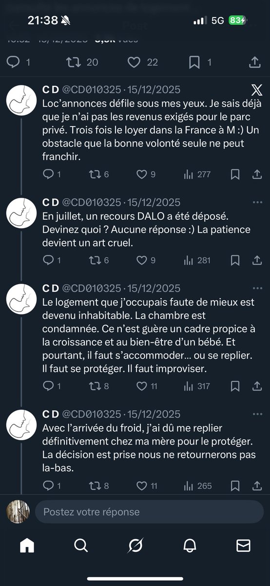 Une nouvelle année arrive… j’espère de tout cœur que ta situation va enfin s’arranger, <a href="/CD010325/">C D</a> 
Maman solo en CDI, elle cherche un logement et vit dans un taudis. <a href="/Mairie12Paris/">Mairie du 12e</a>, recevez-la au moins : le silence est aussi une épreuve.