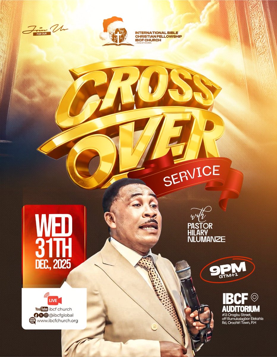 ibcfglobal's tweet photo. As 2026 approaches, we come before God to entrust Him with our future and receive His direction. 

Be part of this powerful moment as we cross into the new year in His presence.

Date: 31st December 

Time: 9 PM

Venue: IBCF Auditorium

#CrossOverService #ibcfglobal https://t.co/1Xghy9lZdG