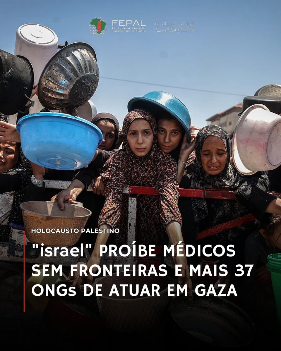 FepalB's tweet photo. EXTERMÍNIO: “israel” anunciou a proibição de quase 40 organizações humanitárias de atuar em Gaza a partir de 01 de janeiro de 2026. A ONG Médicos Sem Fronteiras é um dos alvos dos israelenses. Proibição é sentença de morte para centenas de milhares de palestinos.

“Com a chegada do inverno, os civis em Gaza enfrentam condições terríveis, com fortes chuvas e queda de temperatura”, afirmaram os ministros do Reino Unido, Canadá, Dinamarca, Finlândia, França, Islândia, Japão, Noruega, Suécia e Suíça em uma declaração conjunta divulgada pelo Ministério das Relações Exteriores britânico nesta terça-feira, 30.

A declaração acrescentou que “1,3 milhão de pessoas ainda precisam de abrigo urgente. Mais da metade das instalações de saúde estão funcionando apenas parcialmente e enfrentam escassez de equipamentos e suprimentos médicos essenciais. O colapso total da infraestrutura sanitária deixou 740 mil pessoas vulneráveis ​​a inundações tóxicas”.

Veja a lista completa:

1. Action Against Hunger
2. ActionAid
3. Alianza por la Solidaridad
4. Campaign for the Children of Palestine
5. CARE
6. DanChurchAid
7. Danish Refugee Council
8. Handicap International: Humanity & Inclusion
9. Japan International Volunteer Center
10. Medecins du Monde France
11. Medecins du Monde Switzerland
12. Medecins Sans Frontieres Belgium
13. Medecins Sans Frontieres France
14. Medecins Sans Frontieres Nederland
15. Medicos del Mundo
16. Mercy Corps
17. MSF Spain
18. Norwegian Refugee Council
19. Oxfam Novib
20. Premiere Urgence Internationale
21. Terre des hommes Lausanne
22. International Rescue Committee
23. WeWorld-GVC
24. World Vision International
25. Relief International
26. Fondazione AVSI
27. Movement for Peace-MPDL
28. American Friends Service Committee
29. Medico International
30. Palestine Solidarity Association in Sweden
31. Defense for Children International
32. Medical Aid for Palestinians UK
33. Caritas Internationalis
34. Caritas Jerusalem
35. Near East Council of Churches
36. Oxfam Quebec
37. War Child Holland