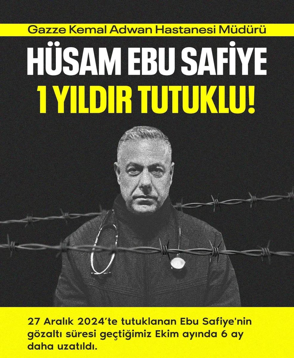 Dr Hussam Ebu Safiye 1 yıldır tutuklu 

Dünya bir doktorun sebepsiz esaretine sessiz!

REFAH’I İNSANLIĞA AÇ! 
Diyoruz!
✊ #OpenRafahToHumanity

#GazzeÇağrısı
