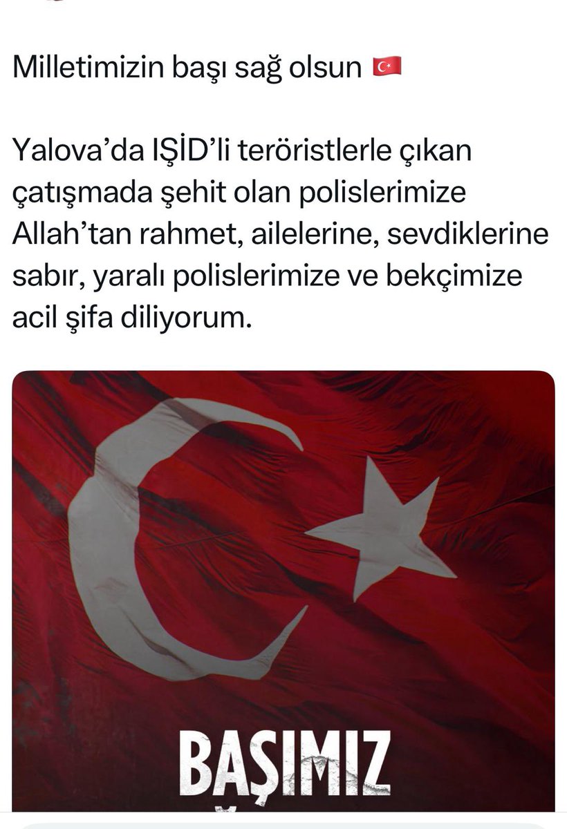 Yalova’da terör örgütü mensuplarına yönelik gerçekleştirilen operasyonda çıkan çatışma sonucu şehit olan kahraman polislerimize Allah'tan rahmet; ailelerine, yakınlarına, Emniyet Teşkilatımıza ve milletimize başsağlığı, yaralı polislerimize ise acil şifalar dileriz. #bünder