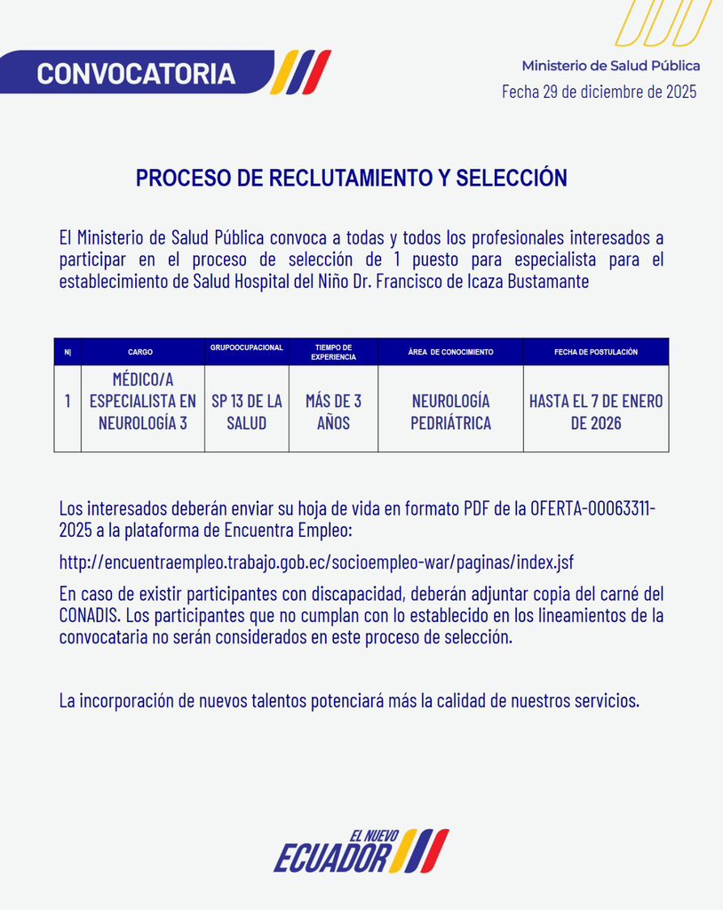 📢 Convocatoria | El <a href="/HospitalHFIB/">Hospital del Niño Dr Francisco De Icaza Bustamante</a> invita a participar a Neurólogo Pediátrico para integrarse a su equipo médico, fortaleciendo la atención especializada en beneficio de niñas y niños.

Más información ⬇️