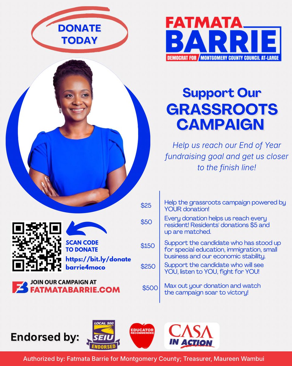 Thank you. Truly. 💙
Because of you, we’ve earned the support of educators, workers, and immigrant advocates across MoCo.

As we close out the year, can you help us finish strong?
Donations of $5+ are matched—every dollar goes further.
👉 bit.ly/donatebarrie4m…