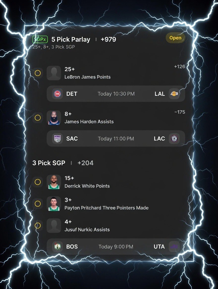 NBA +979 💥🧀

⚡️Birthday King LeBron 25+ PTS &amp; Harden 8+ AST tonight?  

Pairing it with this electric BOS-UTA 3-pick SGP: White 15+, Pritchard 3+ threes, Nurkić 4+ AST!  

#NBA #GamblingX  🔗 ⬇️