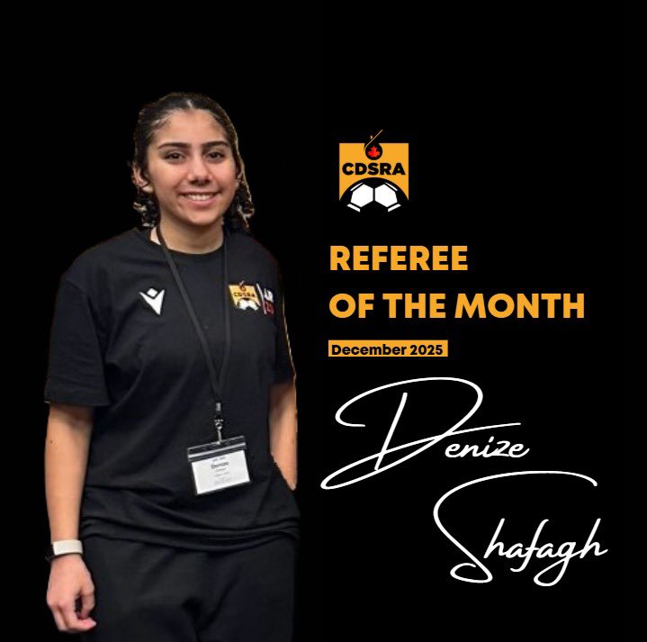 The CDSRA Referee of the Month features referees of different ages, levels, and backgrounds to reflect the diversity in our referee community and our association. Our December 2025 Referee of the Month is Denize Shafagh. 

To learn more, visit cdsra.org/news/2025/11/2…