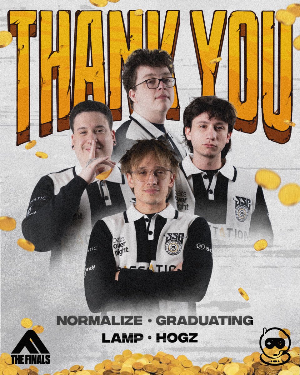 Spacestation's tweet image. hard to lose this squad
but love to celebrate their growth!!

🚀@lampiscute 
🚀@normalizeTF 
🚀@GraduatingTV 
🚀@coach_hogz 

Thank you for flying the SSG banner better
we’ll see you guys in THE FINALS 💛🖤