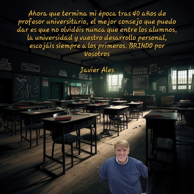 Ahora que termina mi época tras 40 años como profesor universitario, el mejor consejo que puedo dar es que no olvidéis nunca que entre los alumnos, la universidad y vuestro desarrollo personal, escojáis siempre a los primeros. BRINDO por Vosotros