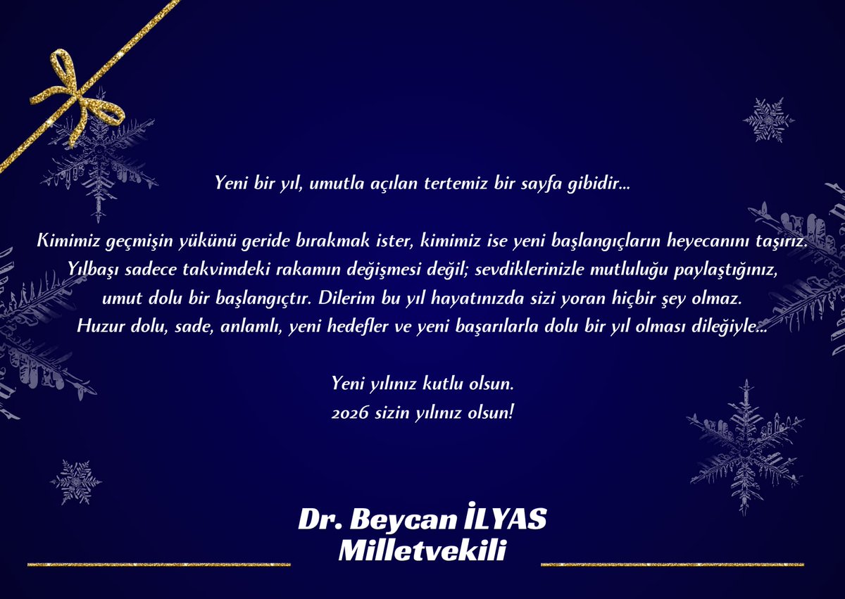 BeycanDr's tweet photo. Kıymetli vatandaşlarım , değerli dostlarım.
Geride bıraktığımız yılın tecrübeleriyle yeni yıla umutla giriyoruz. 2026’nın ülkemize ve milletimize birlik, beraberlik ve esenlik , dünyamıza barış ve huzur getirmesini temenni ediyor yeni yılınızı kutlar saygı ve hürmetlerimi sunarım https://t.co/zeN4dE0JLu