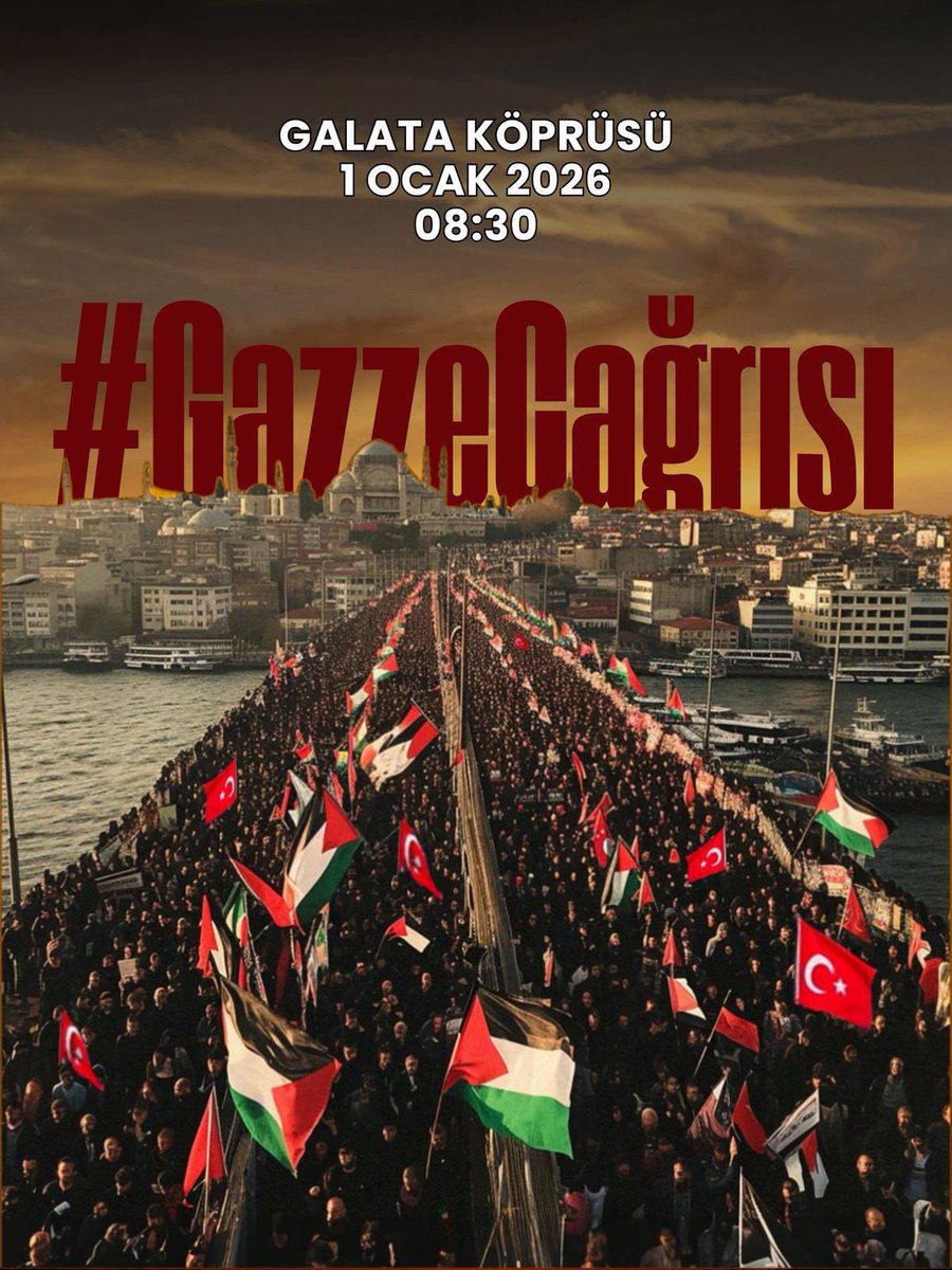 Bilalsaygili's tweet photo. İnsanlık onuru için,
zulme karşı tek yürek oluyoruz.

📆 1 Ocak 2026
📍 Galata Köprüsü
⏰ 08.30

#GazzeÇağrısı https://t.co/ifD7dvJZo0