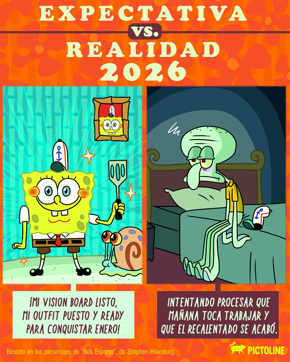 🧽 ¿Expectativa Bob o realidad Calamardo para este 2026? 🦑 #añonuevo  #felizañonuevo #happynewyear2026 #proposito #expectativa #realidad #rutina  #humor #emociones #pictoline, image size:960x1200
