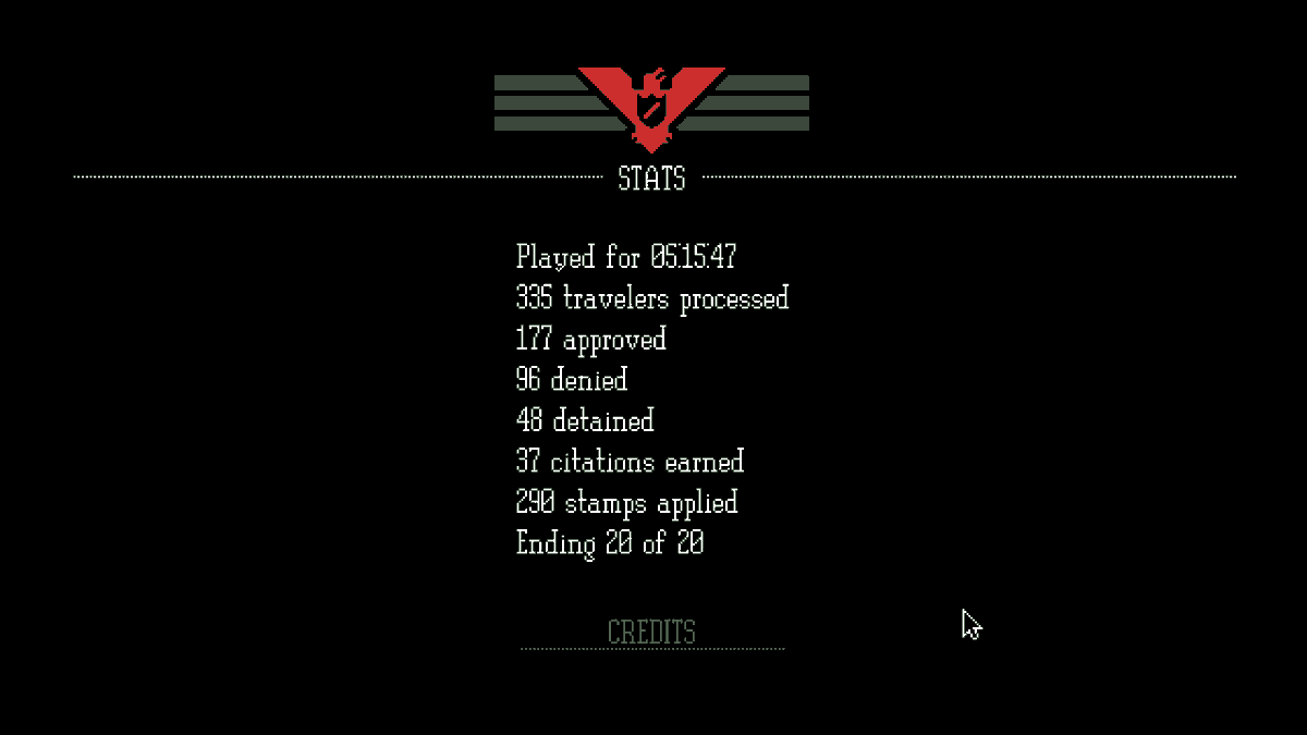 Ok I went back to get a proper ending, as expected this game was an absolute masterpiece. it also continues my trend of having the last game I play in a year being a title from lucas pope, one of the best game devs out there #tbh.