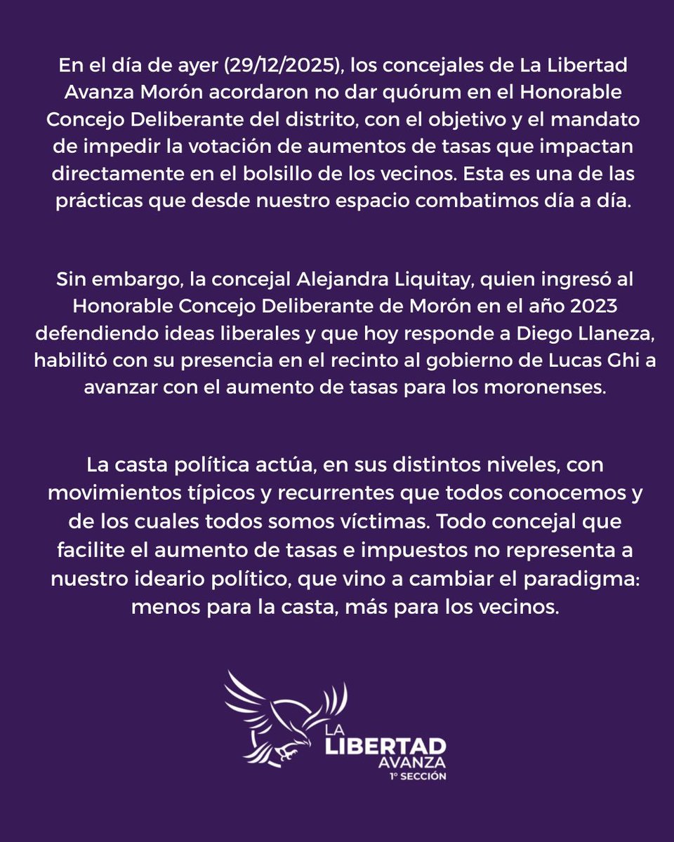 Comunicado oficial de La Libertad Avanza 1ra Sección Electoral.

<a href="/JMilei/">Javier Milei</a> <a href="/KarinaMileiOk/">Karina Milei</a> <a href="/SPareja_/">Sebastián Pareja</a> <a href="/AndreaFVera_/">Andrea Vera</a> <a href="/LLAenPBA/">La Libertad Avanza - PBA</a>