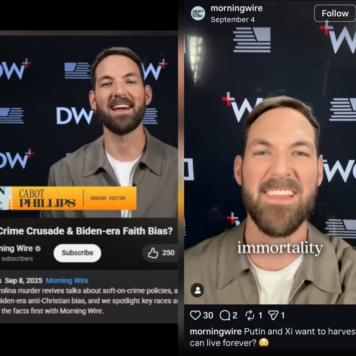 The problem with Liz Wheeler's  <a href="/Liz_Wheeler/">Liz Wheeler</a> debunking is that the video she claims is from the 8th, feature Cabot Phillips in the exact same setup and clothes from a Morningwire post from the 4th. So the 8th is prerecorded from the 4th or before that. Also, the 15th, his beard